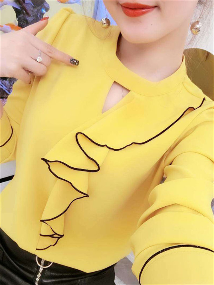 Kvinner vår sommer stil chiffong bluser skjorter dame uformelt langermet volanger dekor stativ krage chiffong blusas topper  df3148