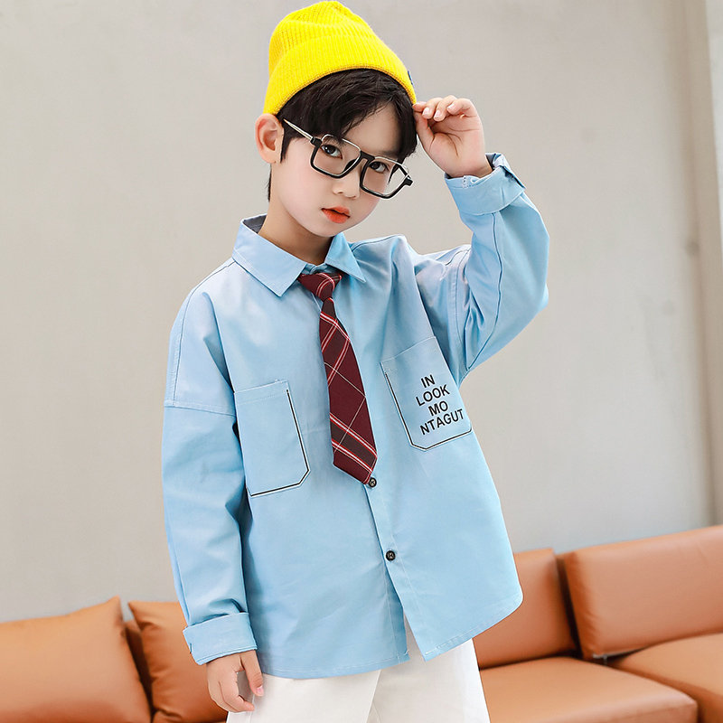 Teenager Jungen Kleidung Schuluniform Hemden Mit Krawatte Weiß Blau Farbe Lange Hülse Drehen-Unten Kragen freundlicher Hemd freundlicher Spitzen: Blau / 4