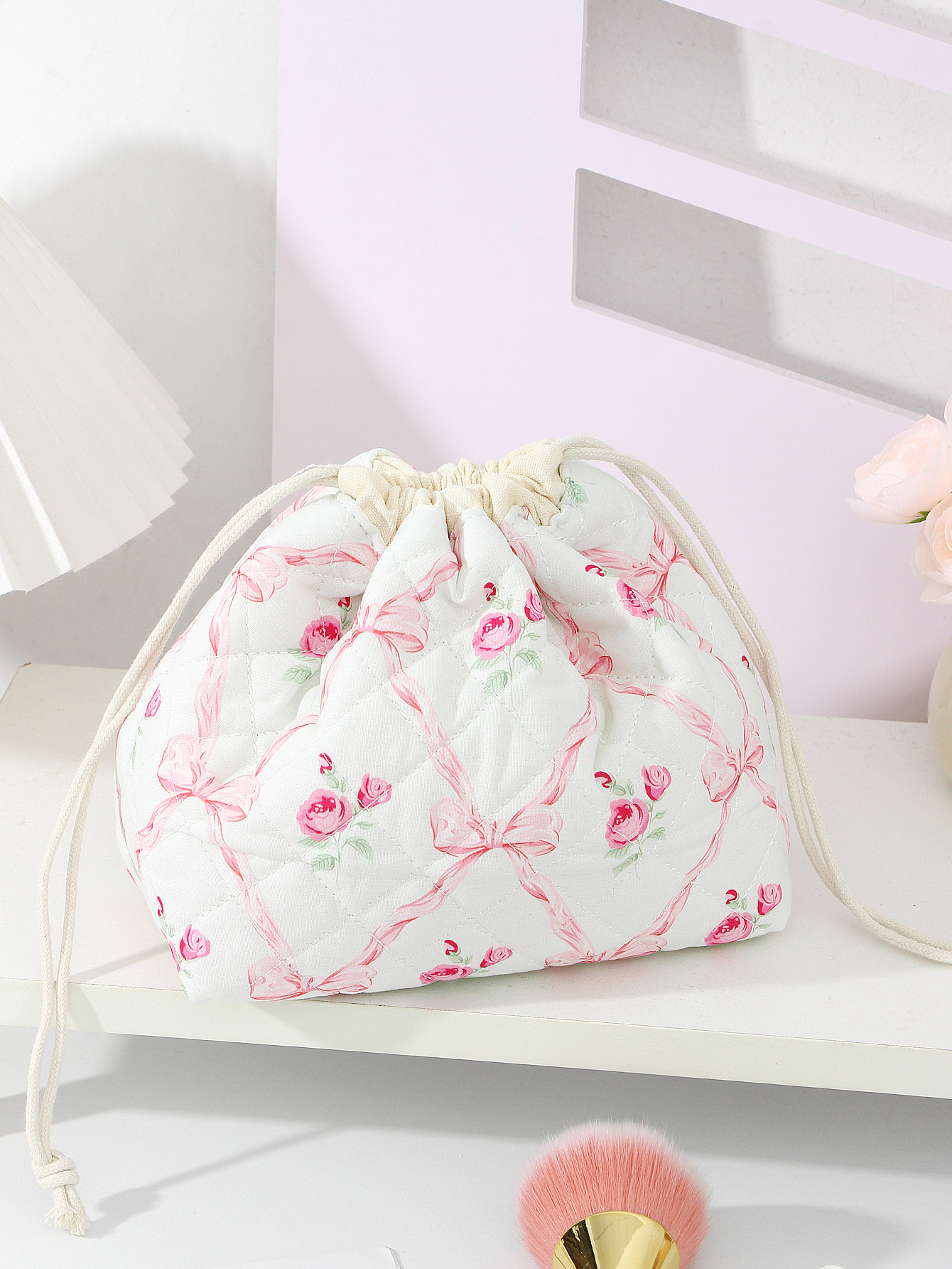 1-delige make-uptas met bloemenkoord en trekkoord, make-uptas voor badkamertoiletartikelen, essentiële make-uptas voor op reis: Roze