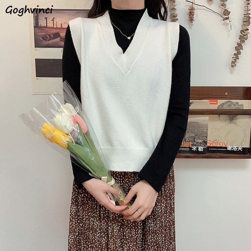 Sweater Vest Women V-neck Solid Knitted All-match Office Ladies Sleeveless Outwear Popular Soft Chic Leisure Korean