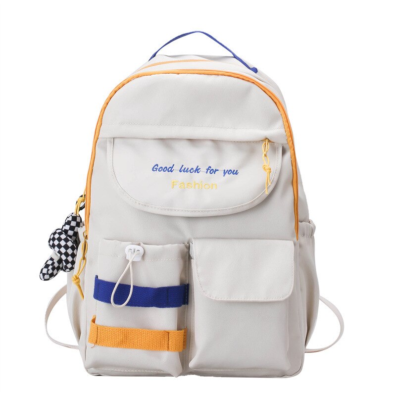 Fengdong teenage girls waterproof school backpack student high school bags female black notebook backpack girl large book bag: White-With Pendant