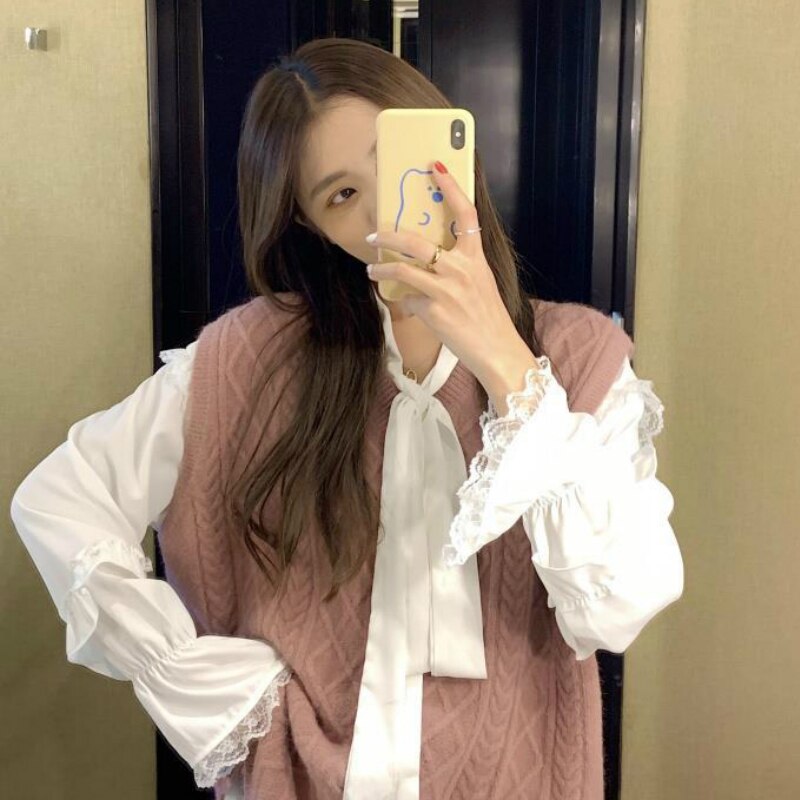 Genser vest rosa plissert svette kawaii studenter høst koreansk fritid løs kvinnelige gensere outwear preppy ins daglig