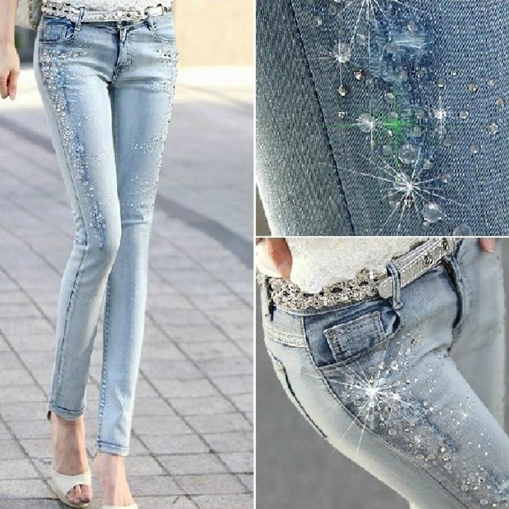 Vrouwen Diamond Geboord Gat Jeans Vrouw Potlood Broek Vrouwen Jeans Ripped Denim Broek Met Strass Denim Broek Vrouw