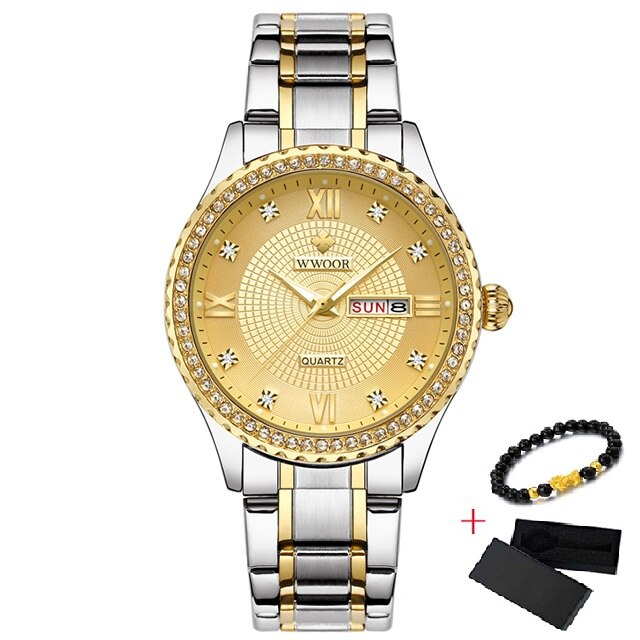WWOOR, Reloj de pulsera de oro para Mujer, Reloj de Mujer de acero inoxidable resistente al agua, vestido informal, Reloj de cuarzo para Mujer, Reloj de Mujer: Gold Gold Jianjin