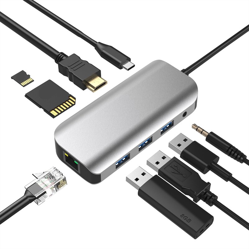 9in 1 Usb C Hub Docking Bahnhof Usb 3,0 TF Kartenleser Typ C Typ C Dock USB Hub für huawei Laptops Usb Expander HDMI VGA RJ45