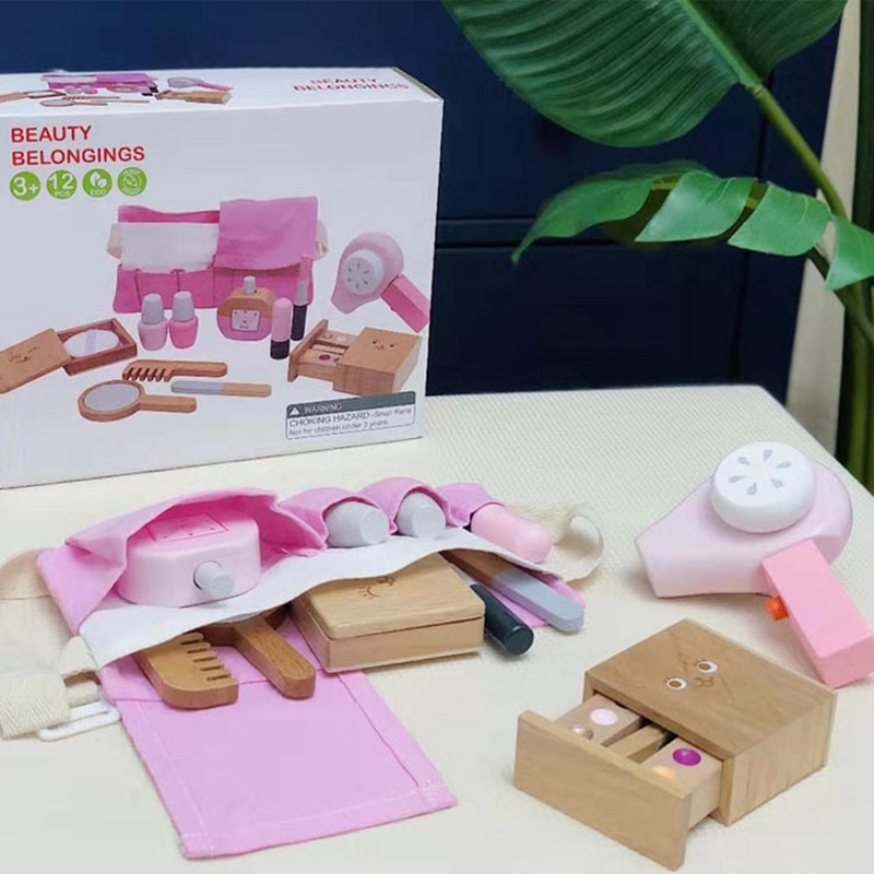 12Pcs Kit Wooden Beauty Salon Pretend Makeup Playset Toy Role Play Cosmetics Toy Simulation Beauty Accessories for Kids