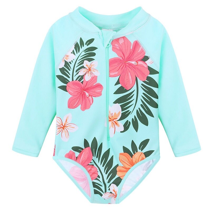 BAOHULU Round Collar Girls Swimsuits Green Pink Print Girls Swimwear Beach Bikini One Piece Long sleeves Swimwear for children: S281 CyanFlower / 152cm to 158cm