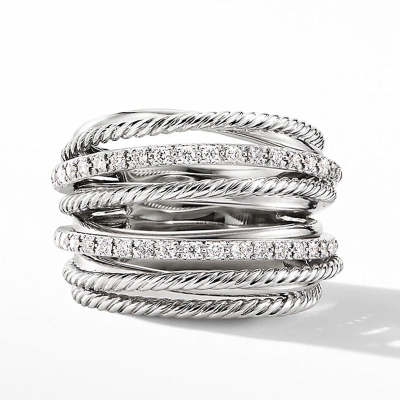 Huitan-anillos de fila múltiple para mujer, Color plateado, brillante, CZ, metálico, estilo OL, anillos de dedo versátiles para oficina, joyería de