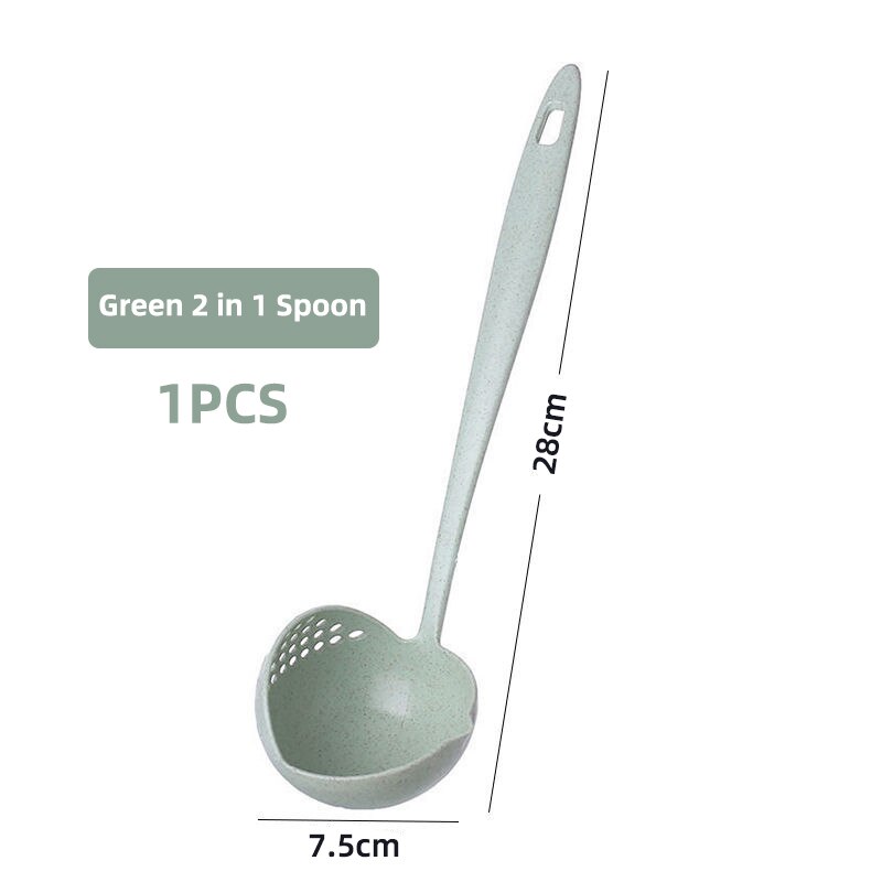 Obelix 2 in 1 Wheat Straw Soup Spoon Long Handle Porridge Spoons Meal Filter Tableware Home Cooking Tools Kitchen Accessories: Green-1PCS-A