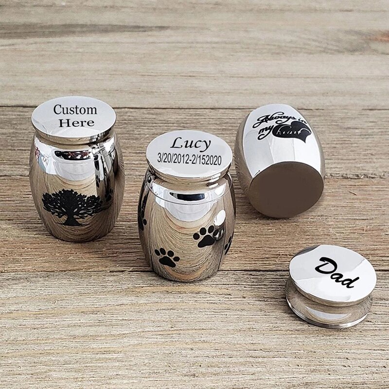 Alta personalizada de dropshipping 25mm/40mm lembrança decorativa do memorial urnas de cremação de aço inoxidável para cinzas do animal de estimação humano