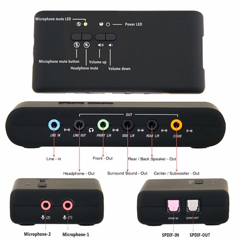 Carte son Usb 7.1, 2.0, Chipset Cmi6206, périphérique Audio Usb classe Spec1.0 et Usb Hid classe Spec 8 canaux sortie Dac