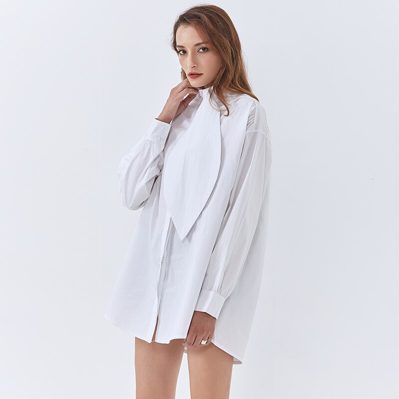 Twotwinstyle patchwork casual vit skjorta för kvinnor ståkrage långärmad lös blus kvinnliga höstkläder