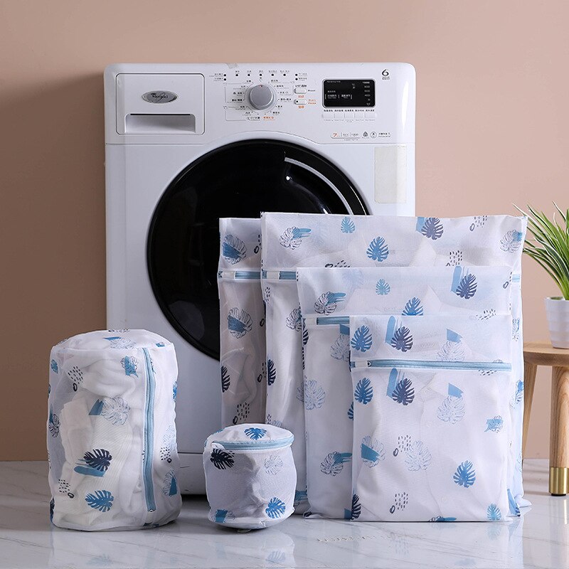 6 unids/set de malla de poliéster bolsas de lavandería azul hojas de Cactus de impresión Bolsa de lavado para ropa sucia.