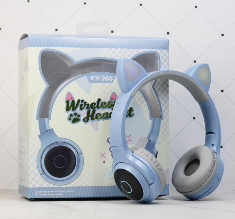 XY-203 Cat Ear Bluetooth 5.0 Headphones LED Light Noise Cancelling Girls Kids Cute Headset Radio Mic Wireless Headphones: Light blue