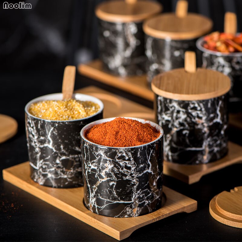 Nordic Ceramic Seasoning Jar Set Marbling Salt Pepper Shakers Spice Jar Soy Sauce Bottle Household Kitchen Supplies