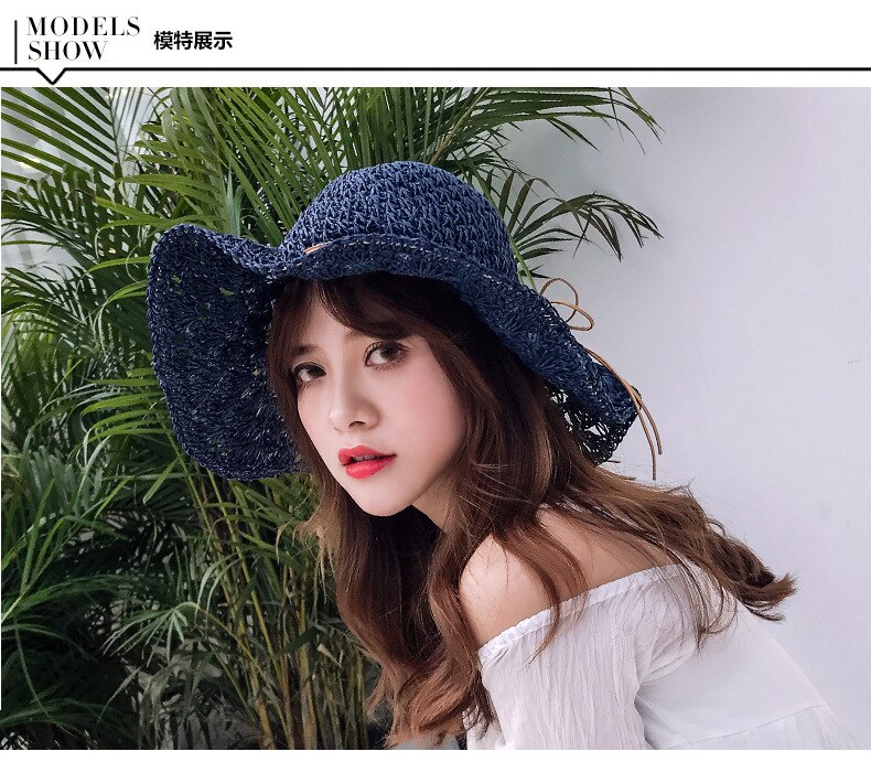 La Europa de los Estados Unidos Simple playa verano gorras casuales de mujer Panamá sombreros de señora de las mujeres de la de ala plana paja gorro para el sol Niña: Azul