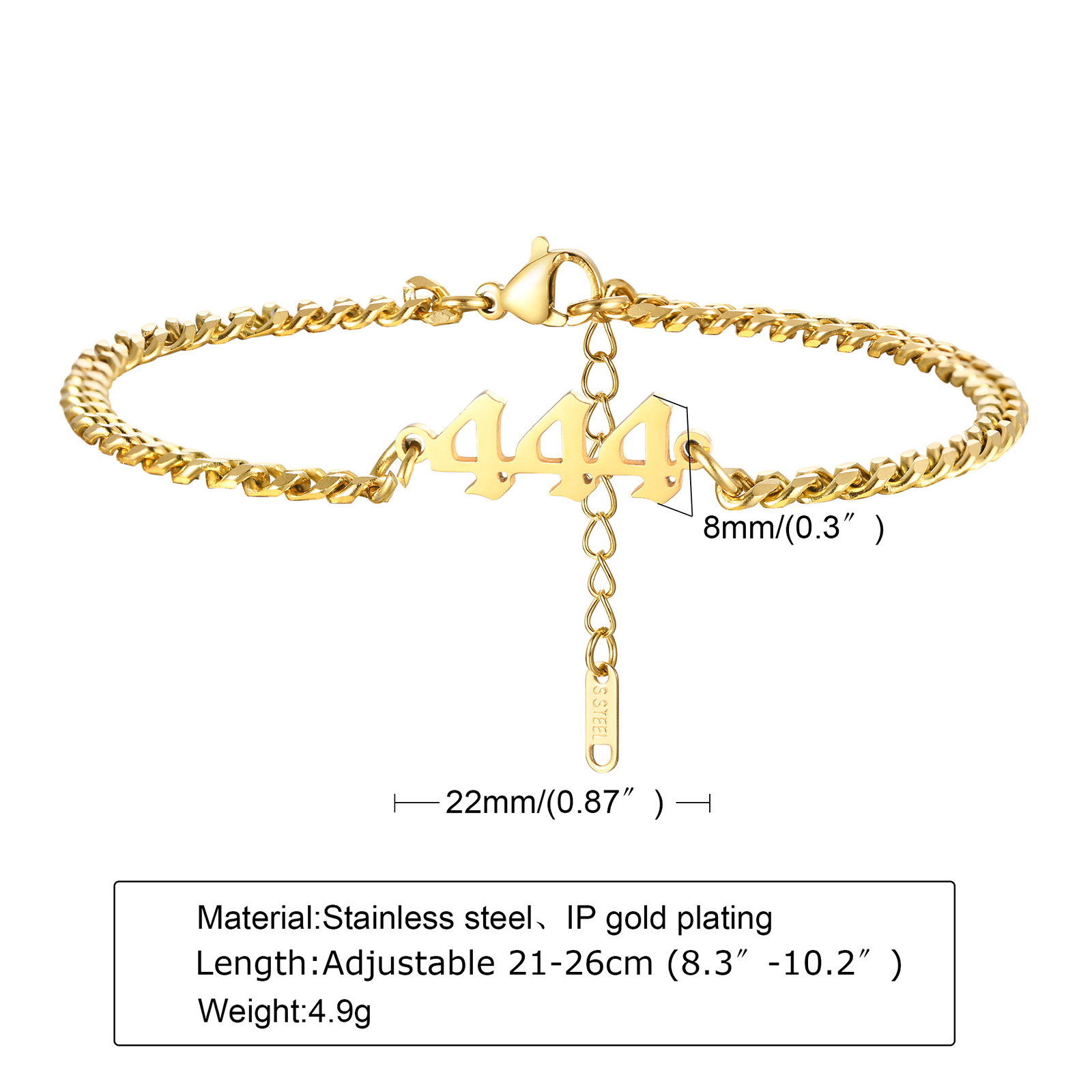 Angel Numbers, Angel Number Bracelet, Stainless Steel Angel Number Anklets, Angel Number: Bracelet 444