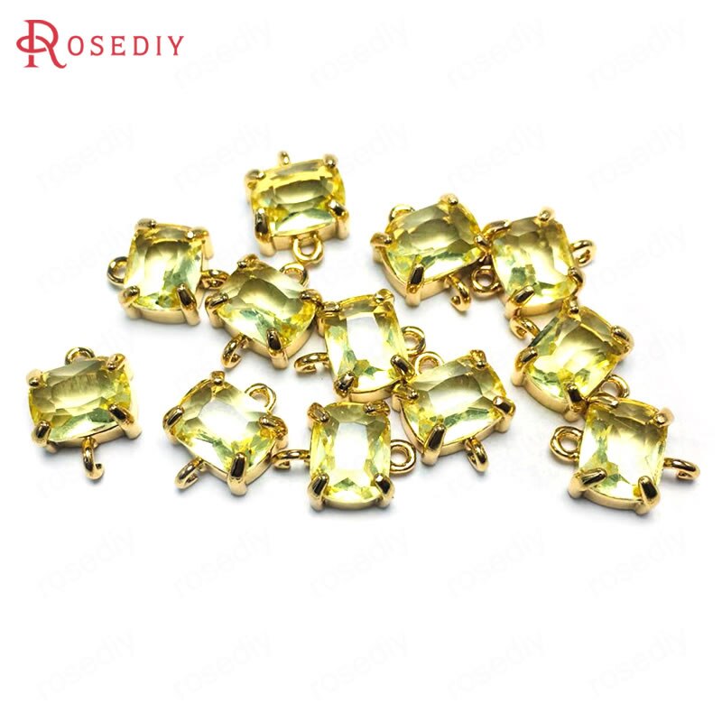 (38230)6PCS 8x10MM 24K Champagne Gold Color Brass and Glass 2 Holes Rectangle Connect Charms Pendants Diy Findings Accessories: Light Yellow