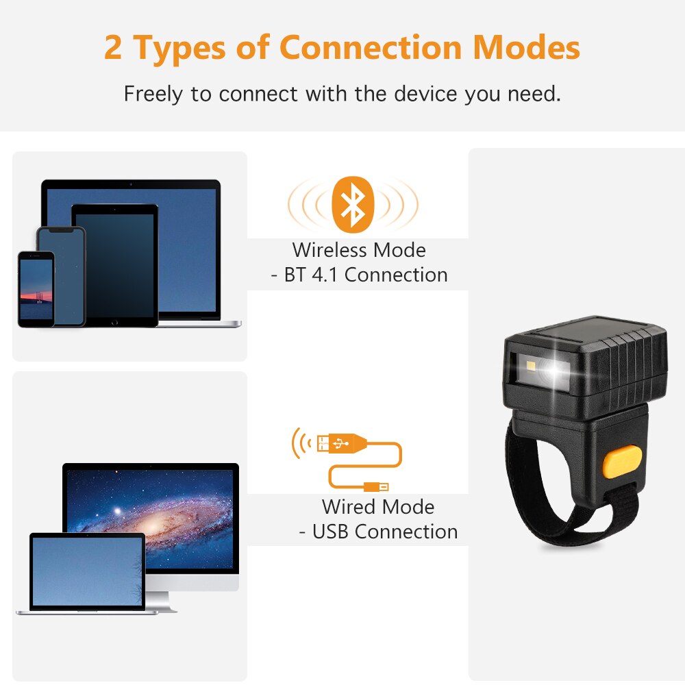 Evnvn Bluetooth Wireless 2D Ring Barcode Scanner USB Portable Rotate Wearable Mini Bar Code Reader For Phone Tablet PC Warehouse