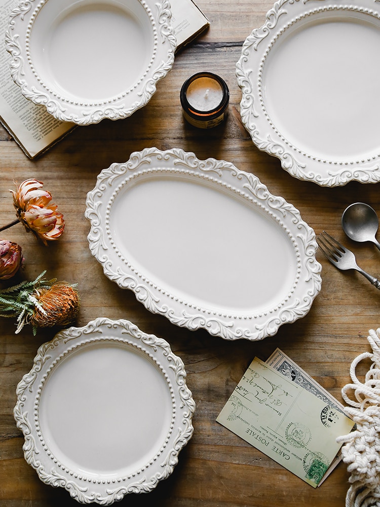 Assiette à dîner en céramique 8-10 ", Style Baroque français rétro, en relief, de Style palais, vaisselle européenne, assiettes à dîner occidentales, bol à soupe