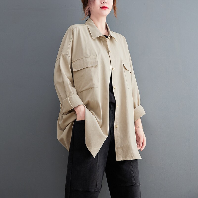 Camisa holgada de algodón de estilo chino para mujer, camisa de manga larga con botonadura única, blusas Vintage para mujer, Tops caqui, amarillo y marrón #9165: Khaki / M(50-62kg)