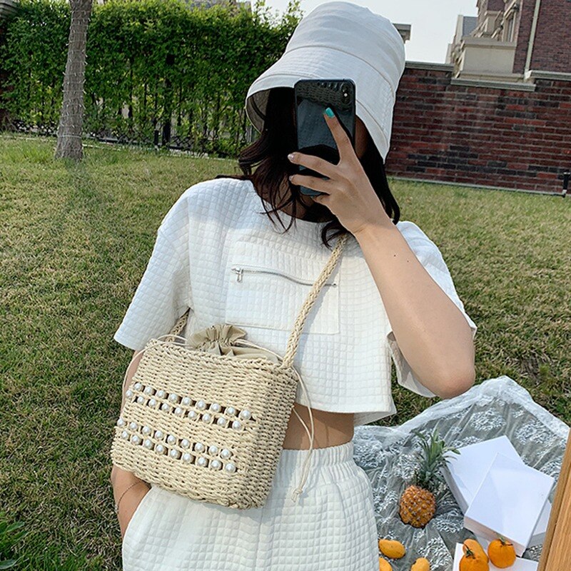 All-match fritid semester strand pärla väska dam liten fyrkantig väska halm axelväska handväska: Beige