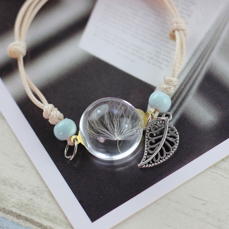LKO Glass Bracelet Weave Lucky Flower Bracelets Handmade Dandelion Woven Dried Flowers Glass Beads Bracelet Women Jewelry