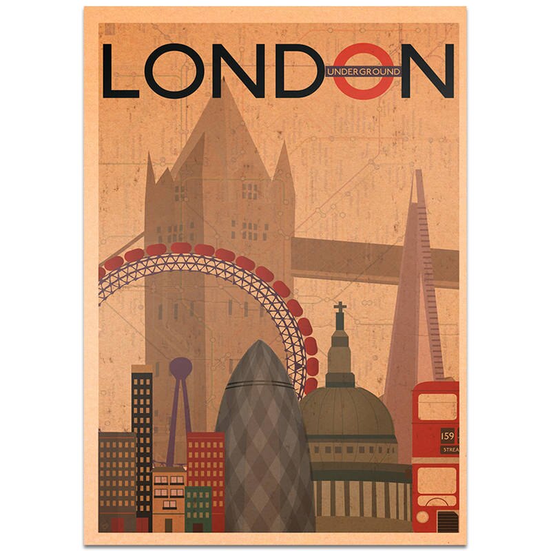London city rejseplakat håndmalet turistattraktioner vintage kraftpapir pub cafe soveværelse boligindretning wallsticker 42 x 30cm: Tcity 141