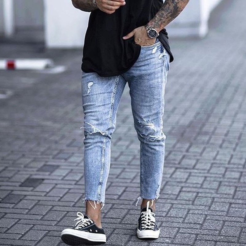 Pantalones vaqueros apretados hasta el tobillo para hombre, Vaqueros rasgados con cremallera, ropa de calle de pitillo con fondo cortado, color azul claro
