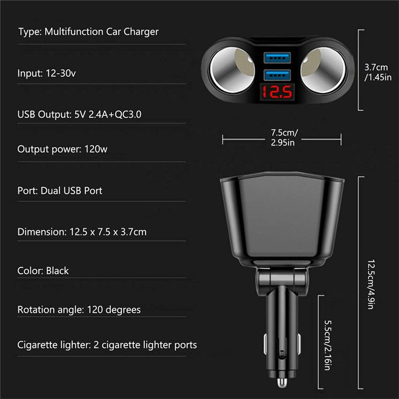 L12CS Sigarettenaansteker-splitter – 2 Stopcontacten + 2 USB + 2 USB-C Met PD-snelladen – 22W, LED-voltmeter – Voor 12V/24V