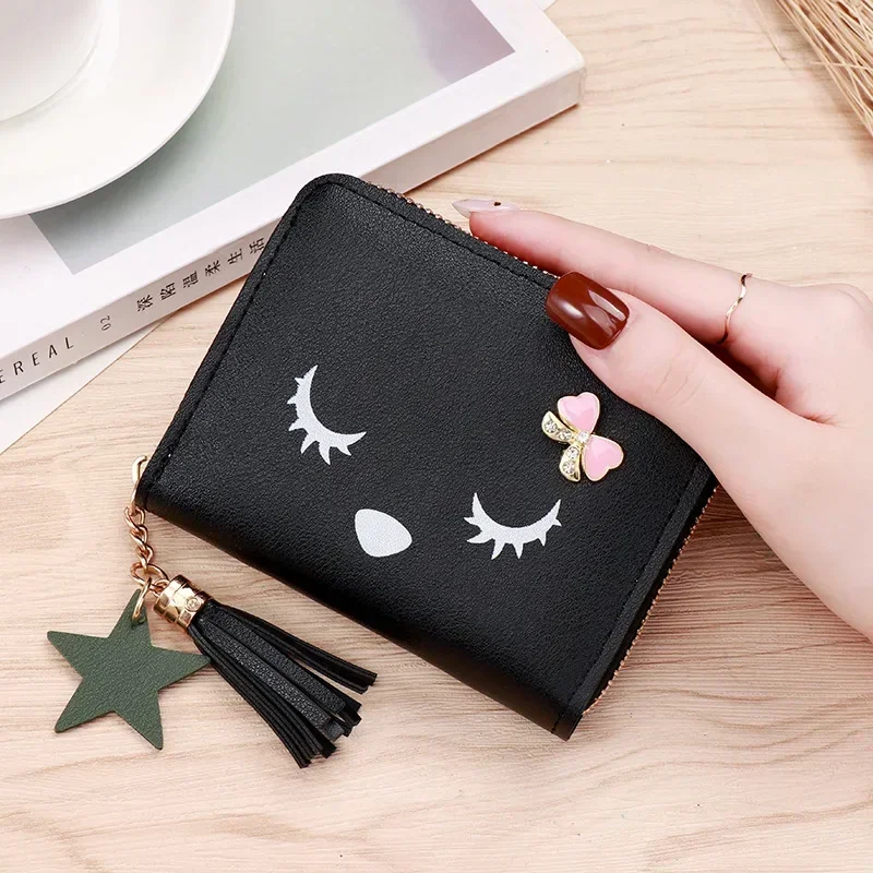 Women Wallet Ladies Mini Small Short Tassel Wallet Cute Girl Zipper Pu Leather Coin Purse Female Hand Wallet Purse: black