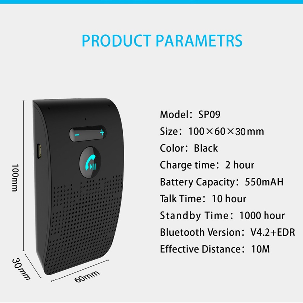 Kit de manos libres Sp09 para teléfono con Bluetooth, altavoz inalámbrico con Bluetooth, Kit de Mp3 multipunto para coche con Clip para visera solar