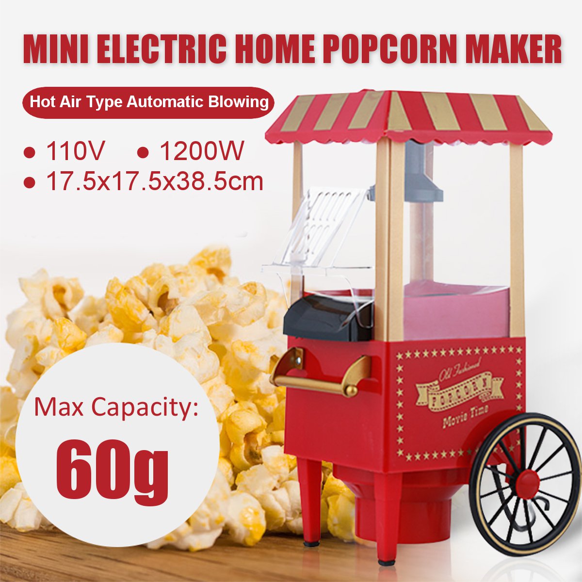 1200W Electric Mini Popcorn Maker 110V Home Air Tabletop Popcorn Makers Household Kitchen Appliance Party Snack Machine