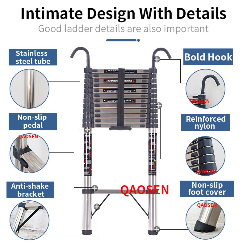 2.3m Stainless Steel Single Telescopic Ladder with Hook