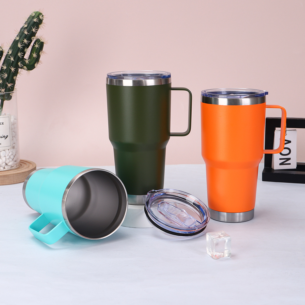 Steel handle vacuum mug , 30 , 20 oz., double-walled ice cooler, for office, home, car, tea, coffee, insulated bottle, colorful