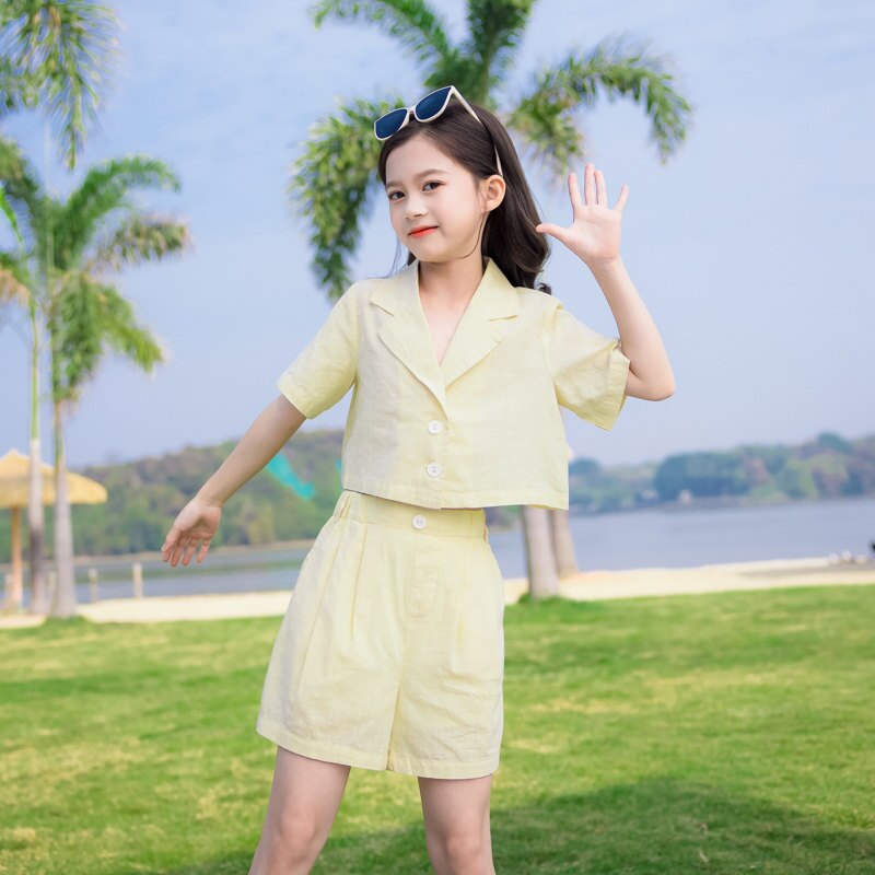 Mädchen Kleidung Anzug Blazer + kurze Hose Teenager Mädchen Sommer 2 stücke Kleidung einstellen Koreanisch lässig Stil Kind Outfits 5 6 8 10 12 14 jahre alt: Beige / 9