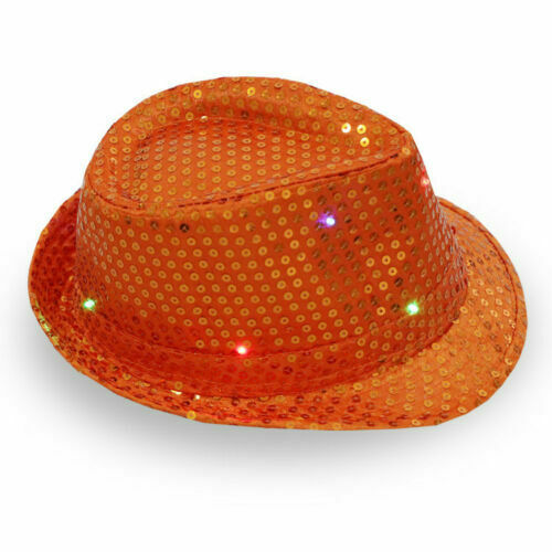Men Women Glitter Sequin Flashing Light Up LED Fedora Trilby Cap Dance Jazz Hat Gangster Party Costume