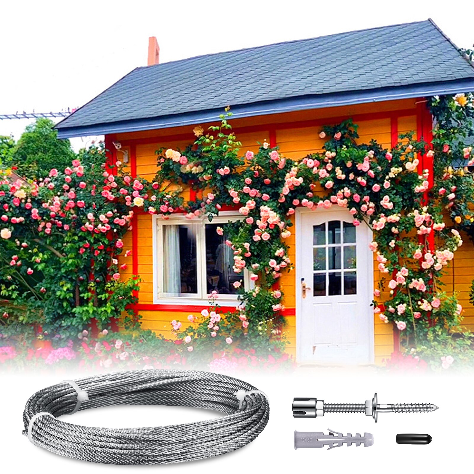 Edelstahl Spalier für Klettern Pflanzen, Professionelle System mit Wand Klammern und 3 mm Stahl Kabel 8 Halter, 12 m Seil)