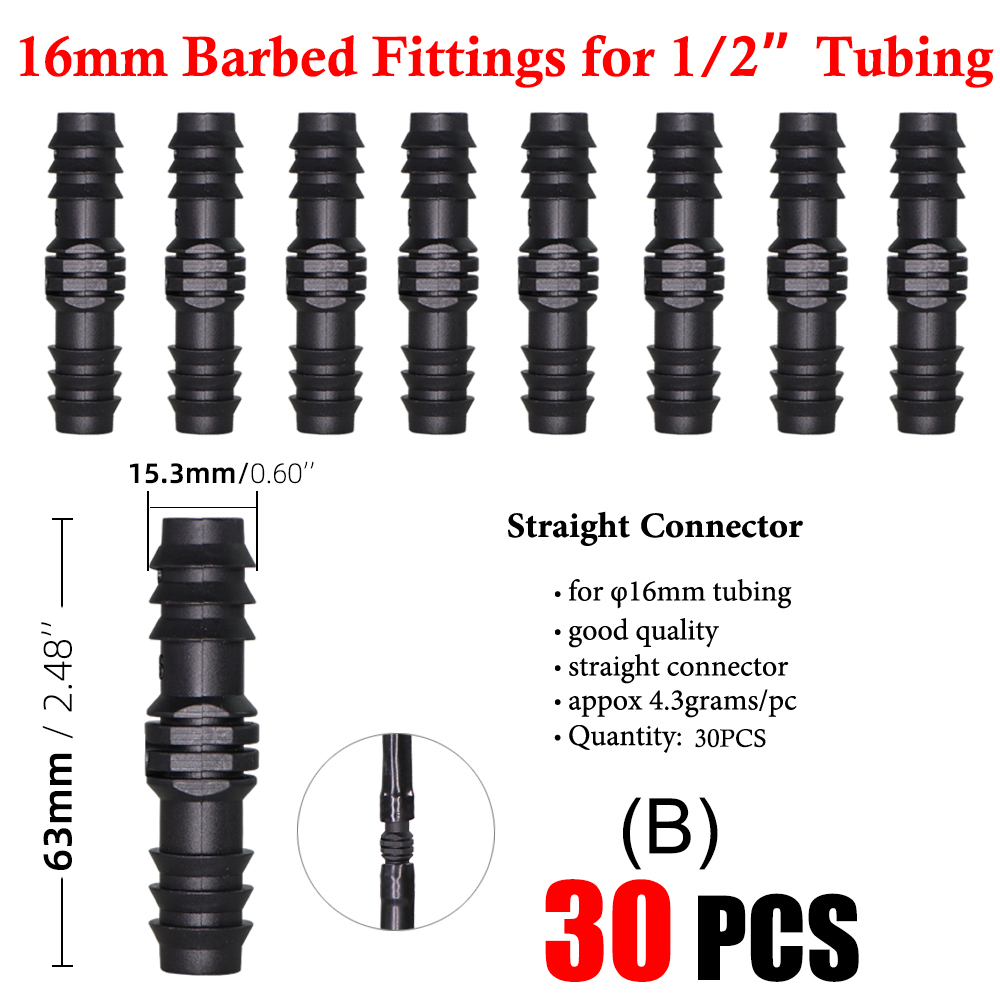 16mm PE Tubing Barbed Fittings Kit Garden Drip Watering Connectors Tee Elbow Coupling Cap Plug End 1/2" Hose Irrigation Adaptor: BX30PCS