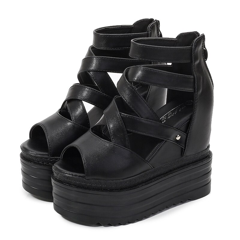 Women Black Party Platform Ankle Strap Wedges High Heel Shoes Female Summer Peep Toe Rome Gladiator Sandal G0003
