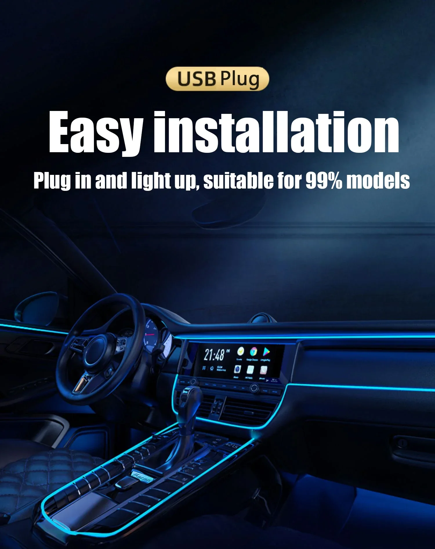 Led-neon-auton sisätilojen koristevalaisimet nauhat usb-asema tee-se-itse-koristeelliseen kojelautaan konsolin tunnelmavaloon kylmävalo 5m