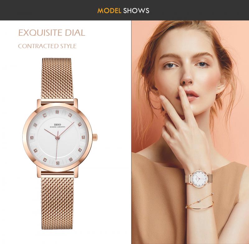 IBSO – ensemble de montres Ultra fines pour femmes, 8mm, maille or Rose, bracelet en acier inoxydable, à Quartz, horloge, pour dames