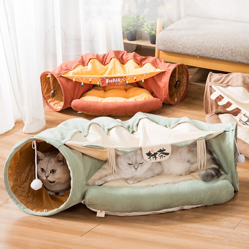 Túnel de juguete para gatos, cama multifunción con bola divertida, tubo cálido y cómodo, casa plegable para gatitos para esconder y dormir, 2 vías