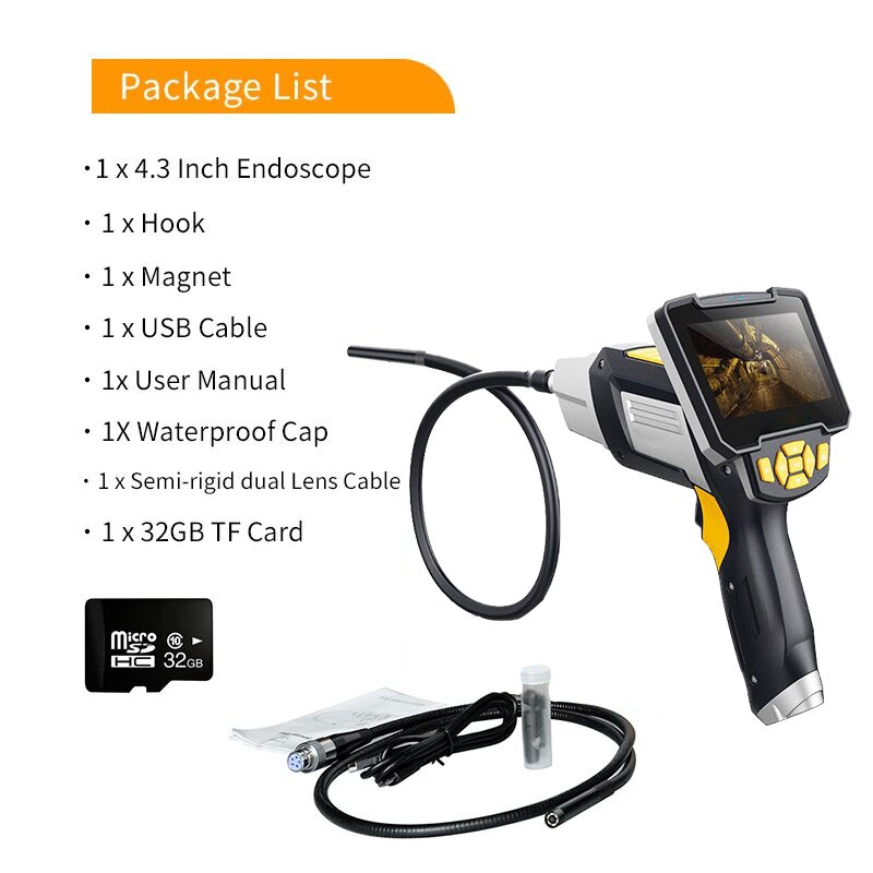 Endoscopio portátil de doble lente, cámara de inspección con pantalla de 4,3 pulgadas, 6 LED, 8mm, endoscopia Digital Industrial con tarjeta TF de 32GB