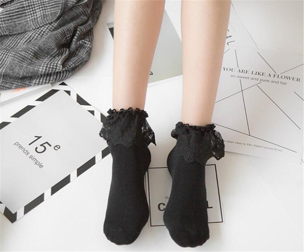 1 paire Lolita Style jeune fille japonaise belle femme dentelle chaussettes courtes multiples couleurs coton Socks: black