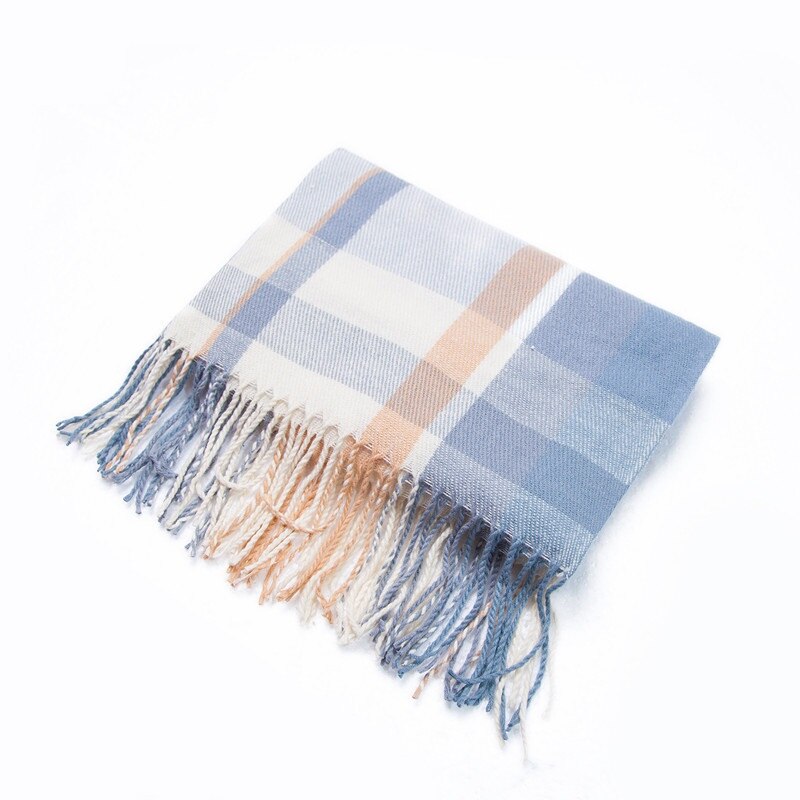 Winter Cashmere Plaid Double Fringe Scarf Women's Warm Blue Shawl: 14