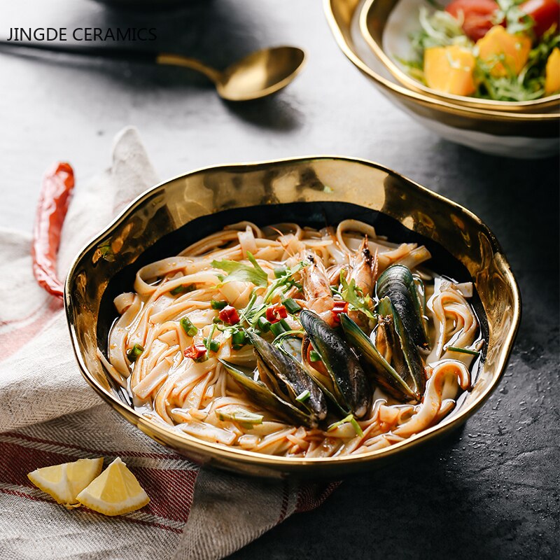 Nordic Ceramic Bowl White Black Gold Side Bowl Household Large Personality Xin Ramen Udon Noodles Korean Bibimbap Salad Bowl