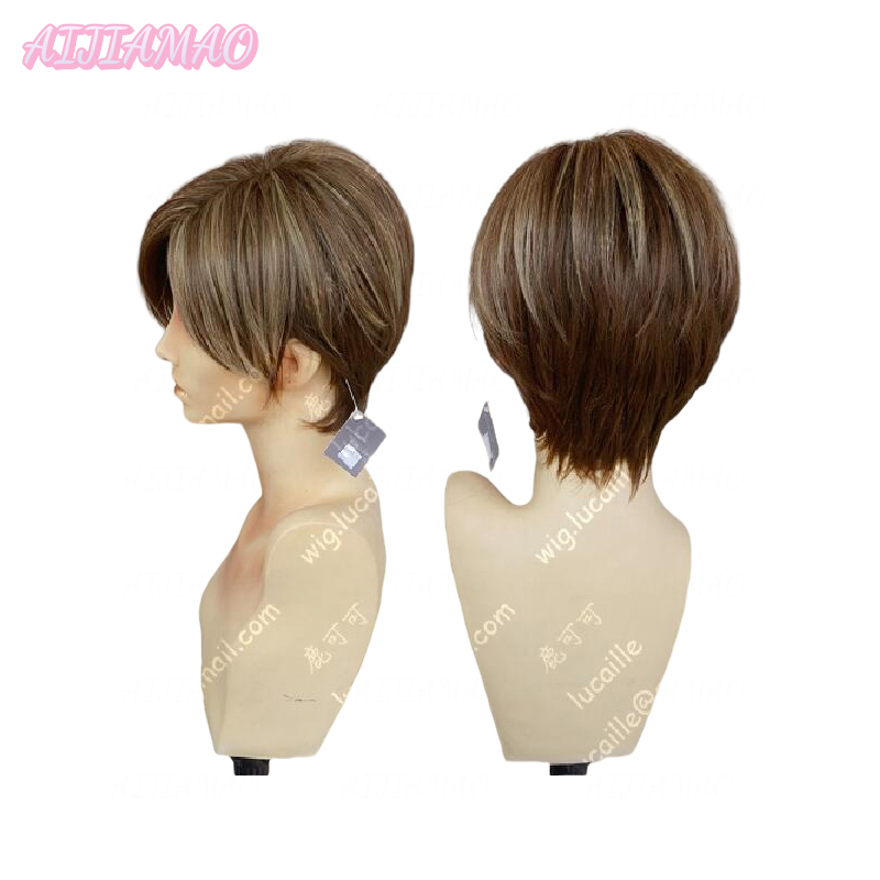 Movie Leon Scott Kennedy Short Brown Color Highlights Styled Heat Resistant Hair Cosplay Costume Wig + Free Wig Cap
