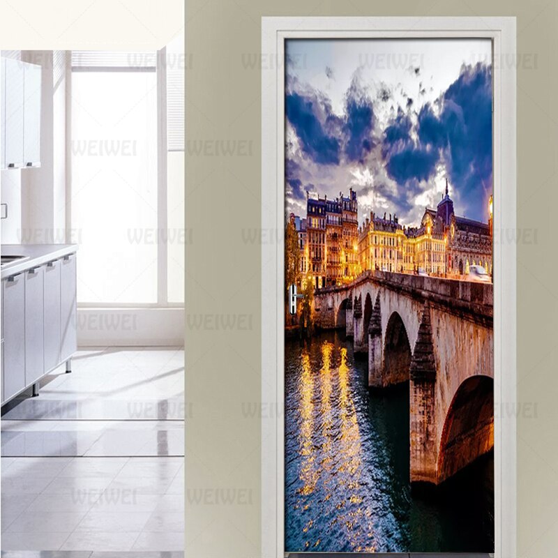 2Pcs/set PVC Self-adhesive 3D Removable Door Sticker England Canal Bridge HD Wallpaper Living Room Door Decor Decals Wall Sticke