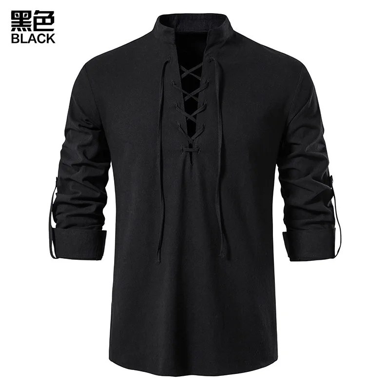 Novos Homens Decote Em V Camisa T-Shirt Moda Vintage Fino Top Manga Longa Homens Casual Respirável Viking Frente Lace Up Ho: L / black